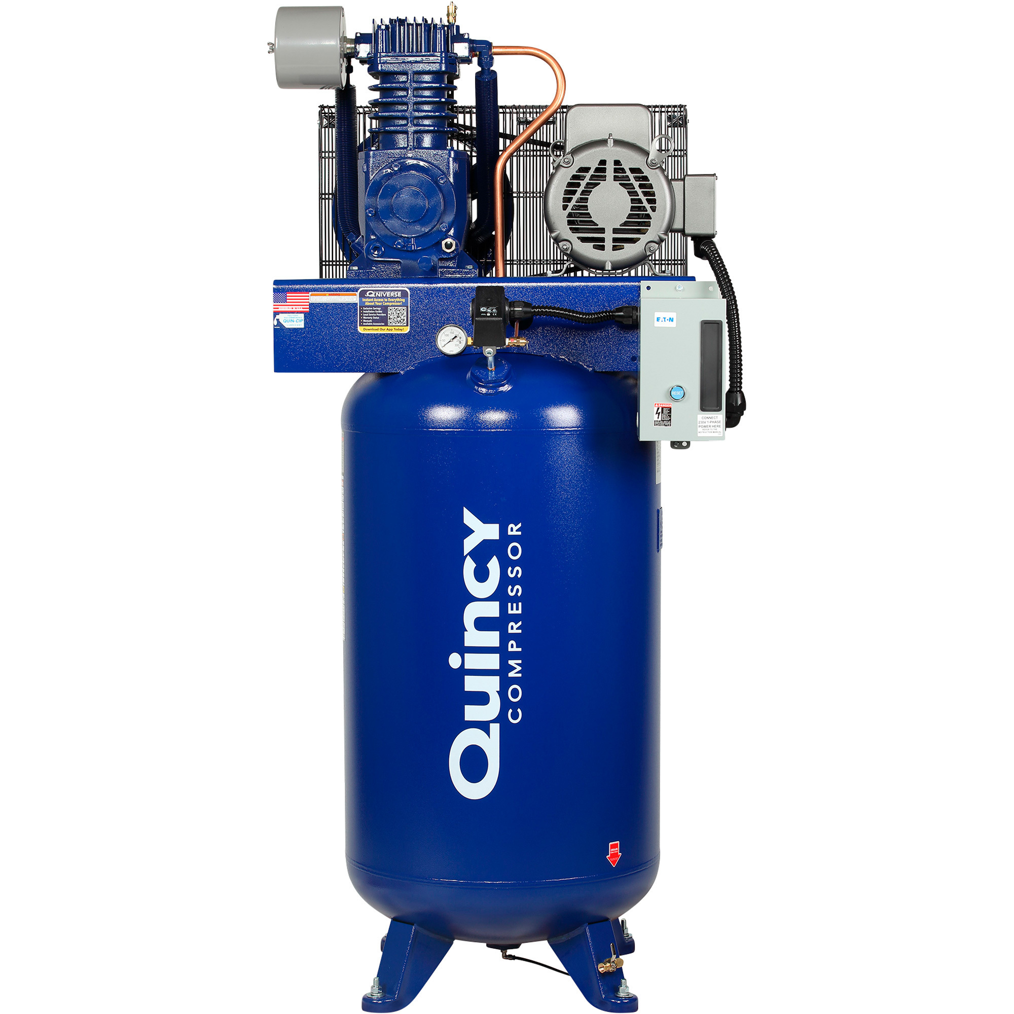 Quincy QT-7.5 Splash Lubricated Reciprocating Air Compressor, 7.5 HP, 230 Volt, 1 Phase, 80-Gallon Vertical, Model# 271CS80VCB